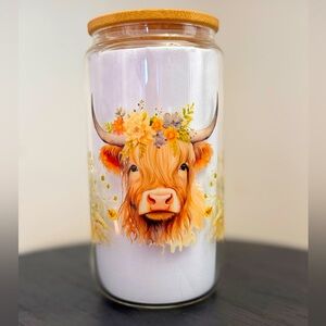 Highland Cow Floral Glass Jar